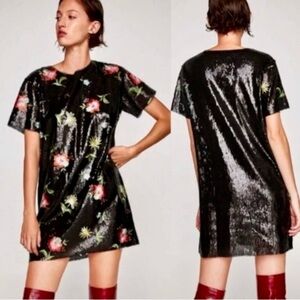 ZARA BLOGGER FAVORITE BLACK SEQUINED SHIFT MINI DRESS FLORAL EMBROIDERED WOMEN M